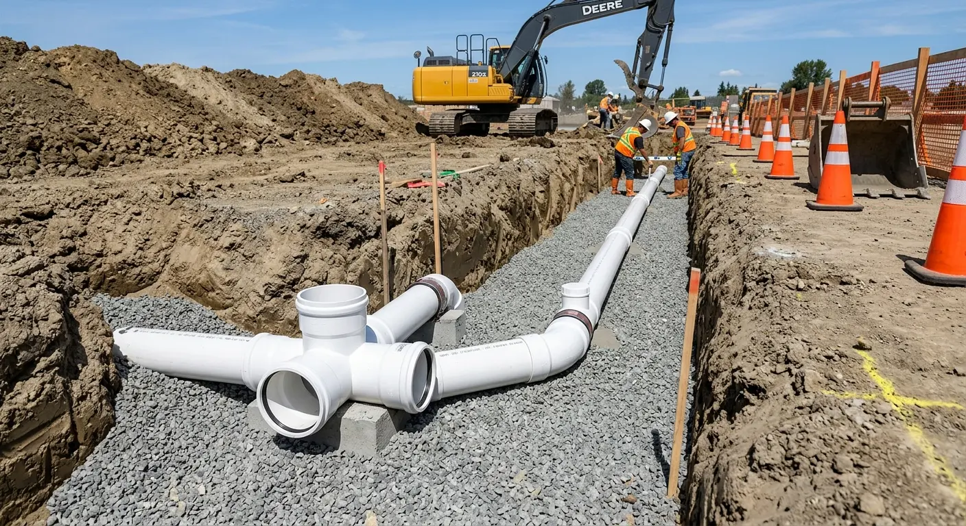 New PVC sewer pipe installation in open trench for Sewer Backup in Salina