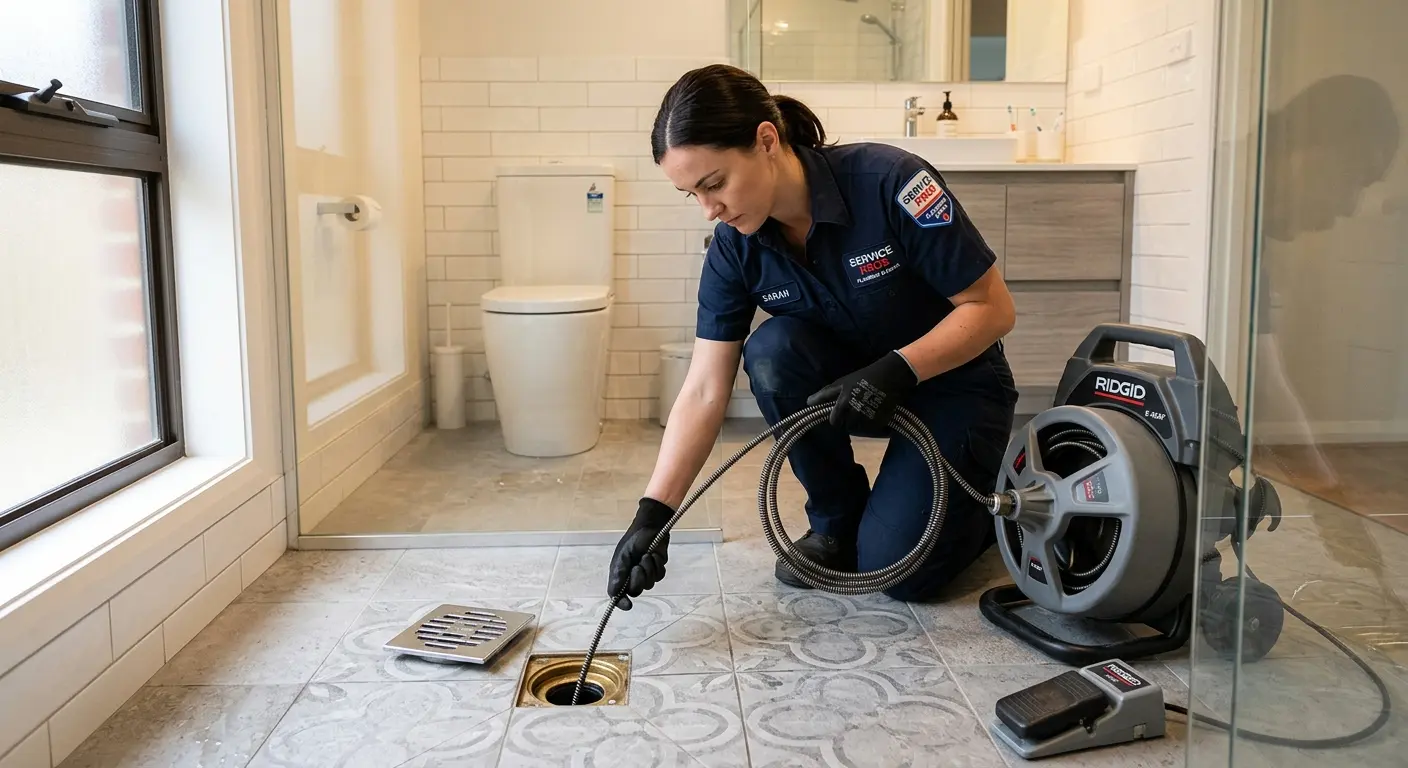 Technician clearing a bathroom floor drain for Drain Repair in Salina